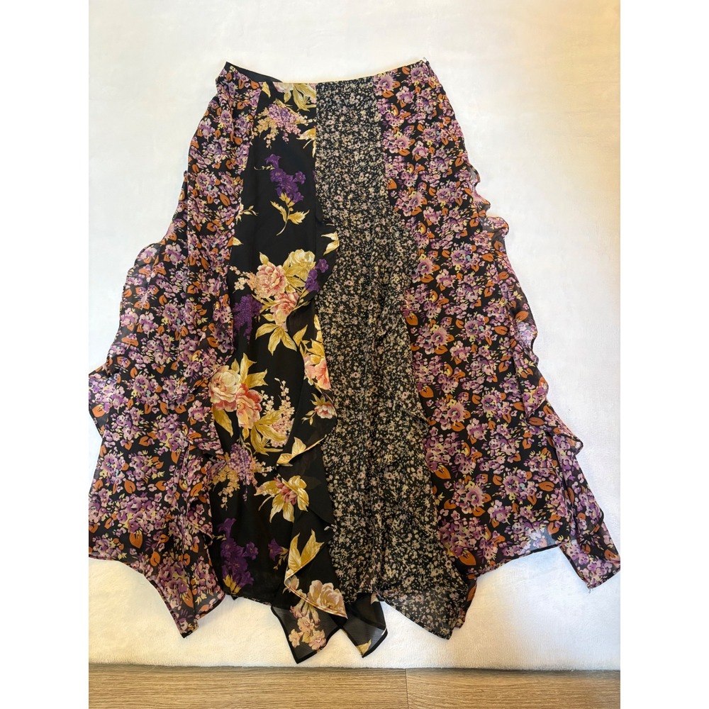 Lauren Ralph Lauren Floral Patchwork Ruffle Midi Skirt Black Purple Size 8